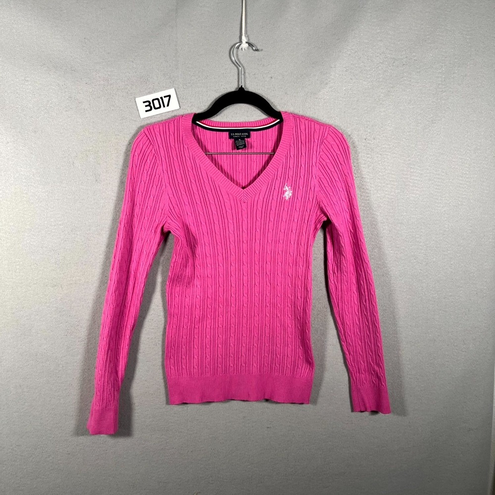 U.S. Polo Assn. Sweater Womens Small Pink‎ Rayon V Neck Cable Knit Pony Logo